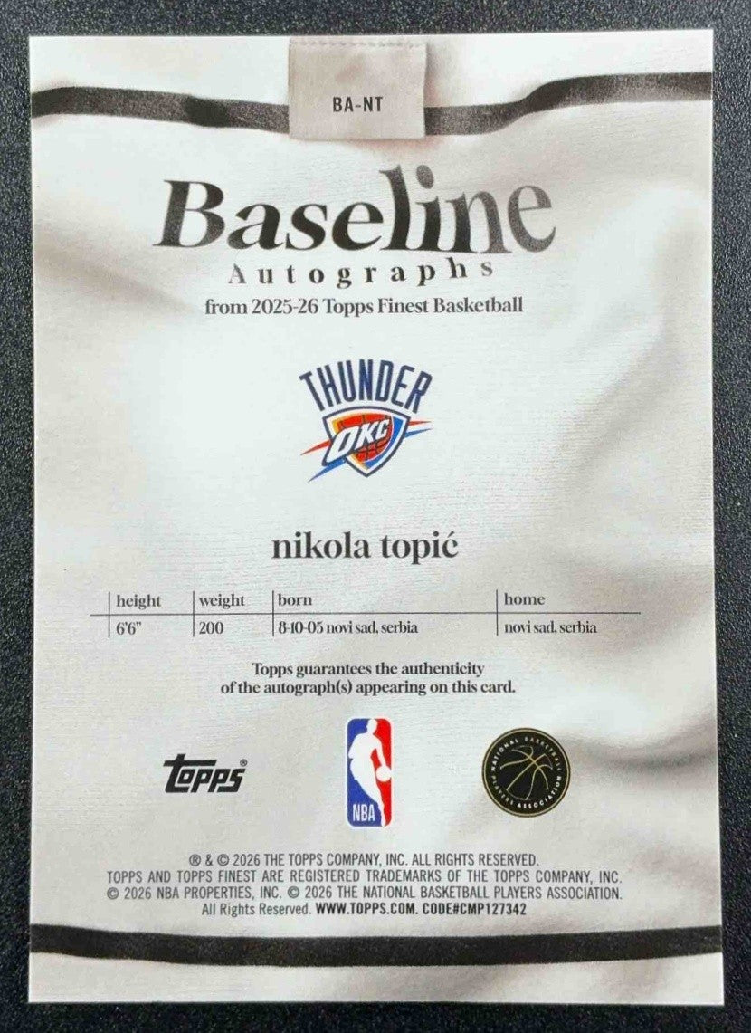 NIKOLA TOPIC 2025-26 TOPPS FINEST #BA-NT BASELINE AUTO THUNDER