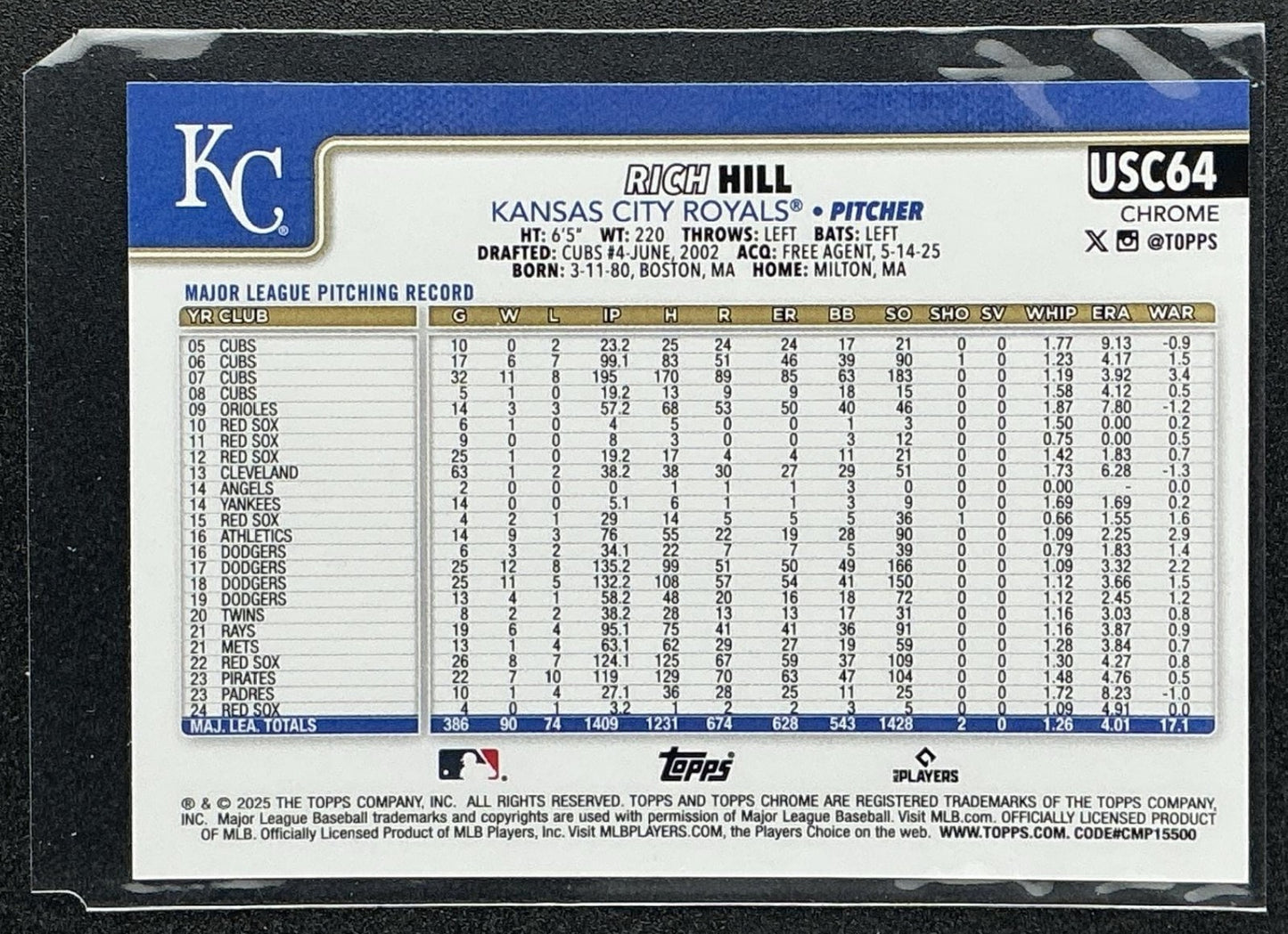 RICH HILL 2025 TOPPS CHROME UPDATE #USC64 SEPIA REFRACTOR ROYALS