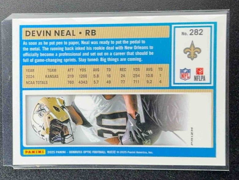 DEVIN NEAL 2025 PANINI DONRUSS OPTIC #282 RATED ROOKIE BLUE HYPER PRIZM SAINTS