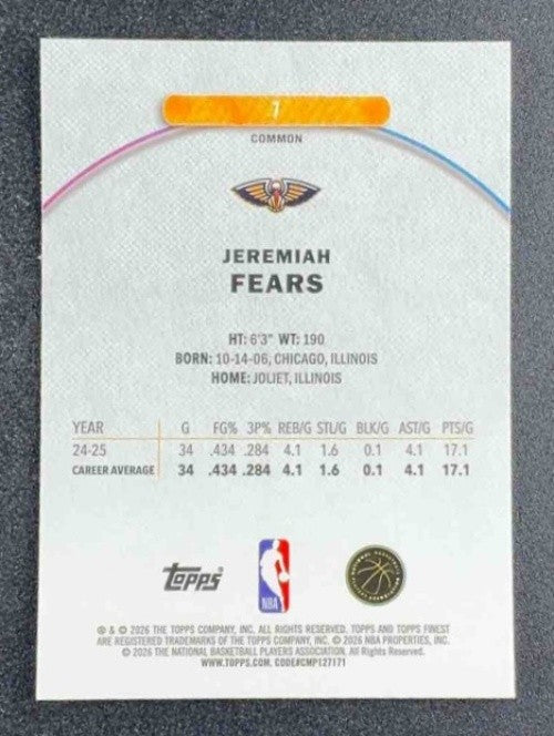 JEREMIAH FEARS 2025-26 TOPPS FINEST #7 COMMON RC PELICANS