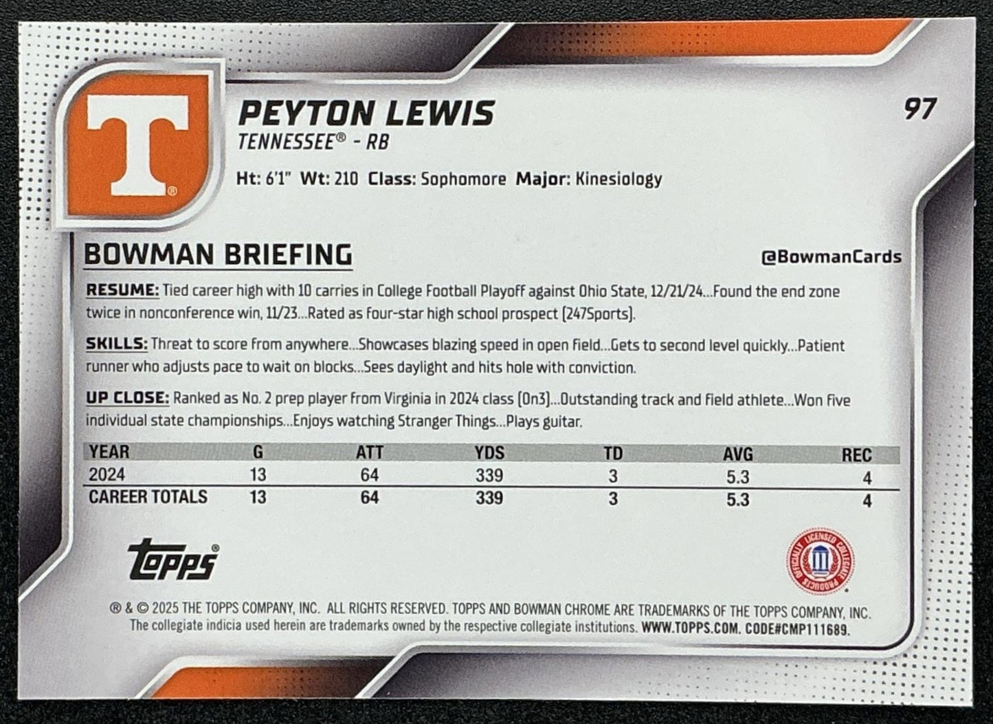 PEYTON LEWIS 2025 BOWMAN CHROME UNIVERSITY SAPPHIRE #97 1ST PROSPECT VOLUNTEERS