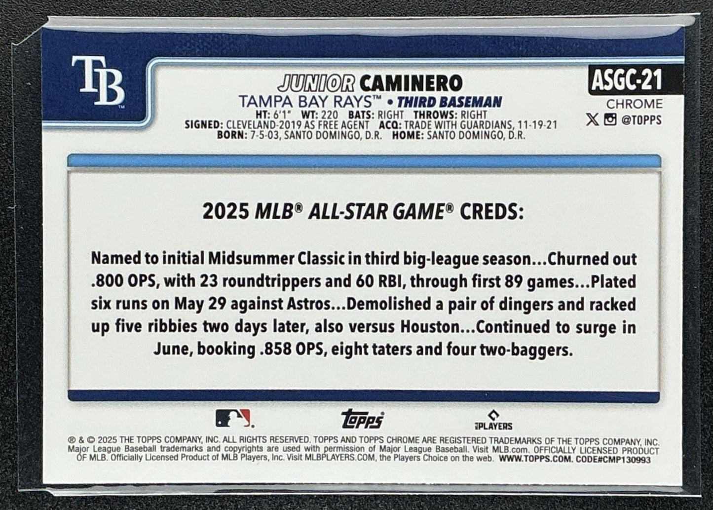 JUNIOR CAMINERO 2025 TOPPS CHROME UPDATE #ASGC-21 ALL-STAR GAME RAYS