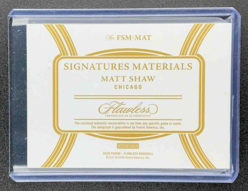 MATT SHAW 2025 PANINI FLAWLESS ROOKIE PATCH AUTO /25 CUBS