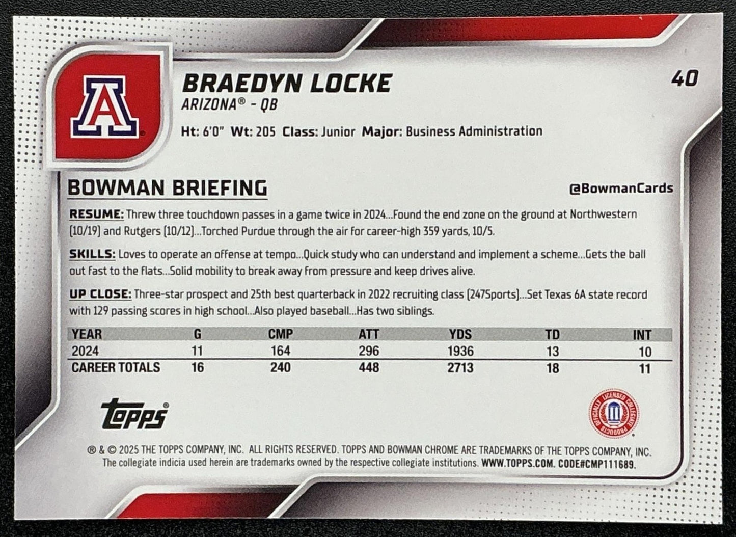BRAEDYN LOCKE 2025 BOWMAN CHROME UNIVERSITY SAPPHIRE #40 1ST PROSPECT WILDCATS