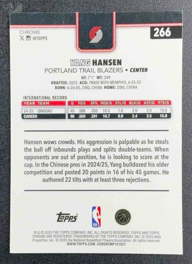 YANG HANSEN 2025-26 TOPPS CHROME #266 RAYWAVE REFRACTOR RC TRAIL BLAZERS