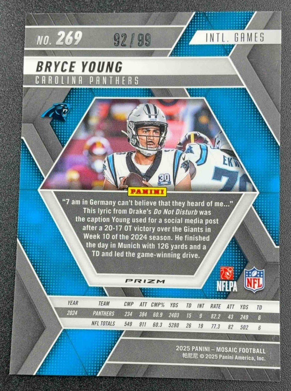 2025 Panini Mosaic Bryce Young #269 International Games No Huddle Blue Prizm /99