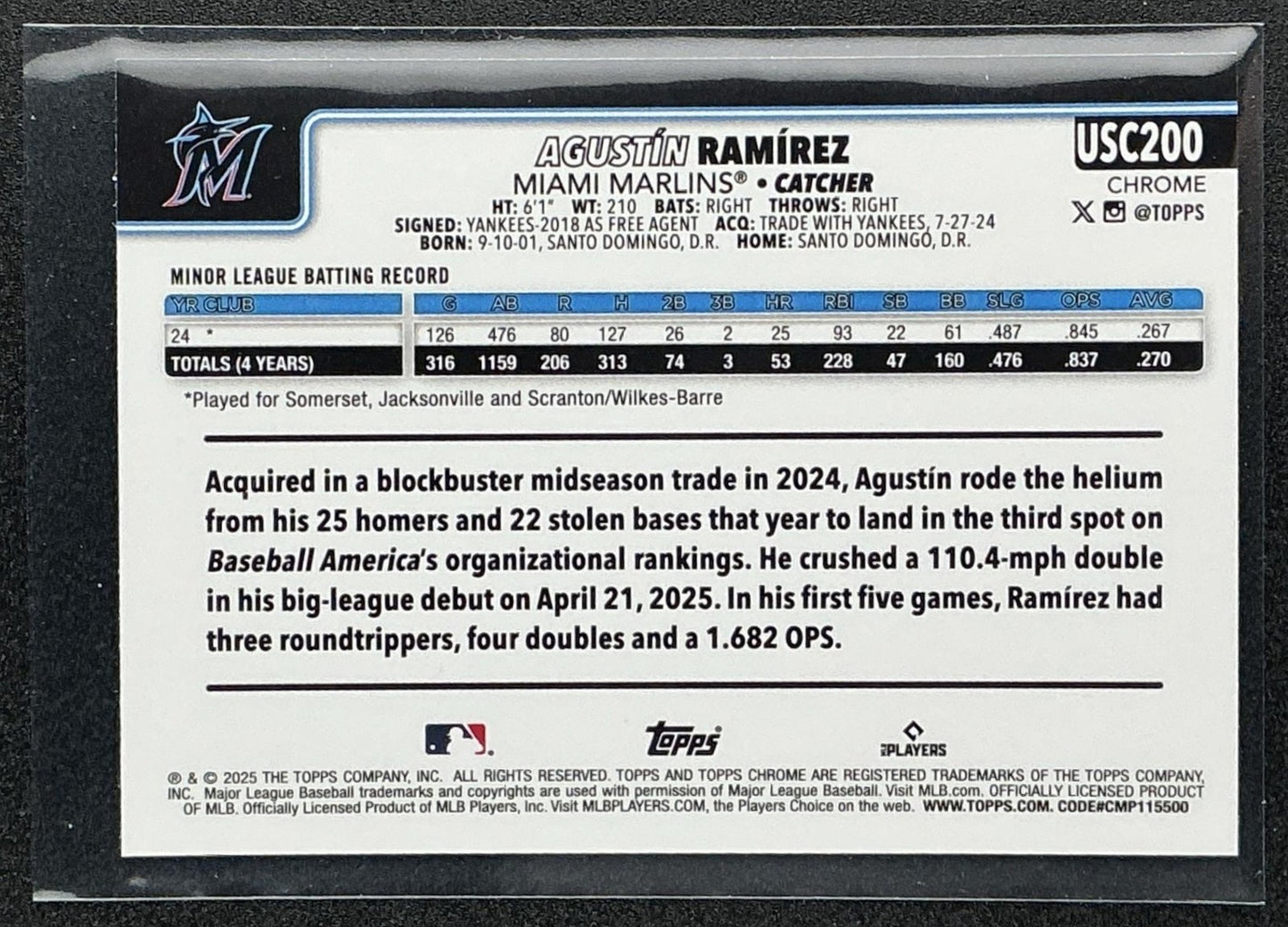 AGUSTIN RAMIREZ 2025 TOPPS CHROME UPDATE #USC200 SEPIA REFRACTOR RC MARLINS
