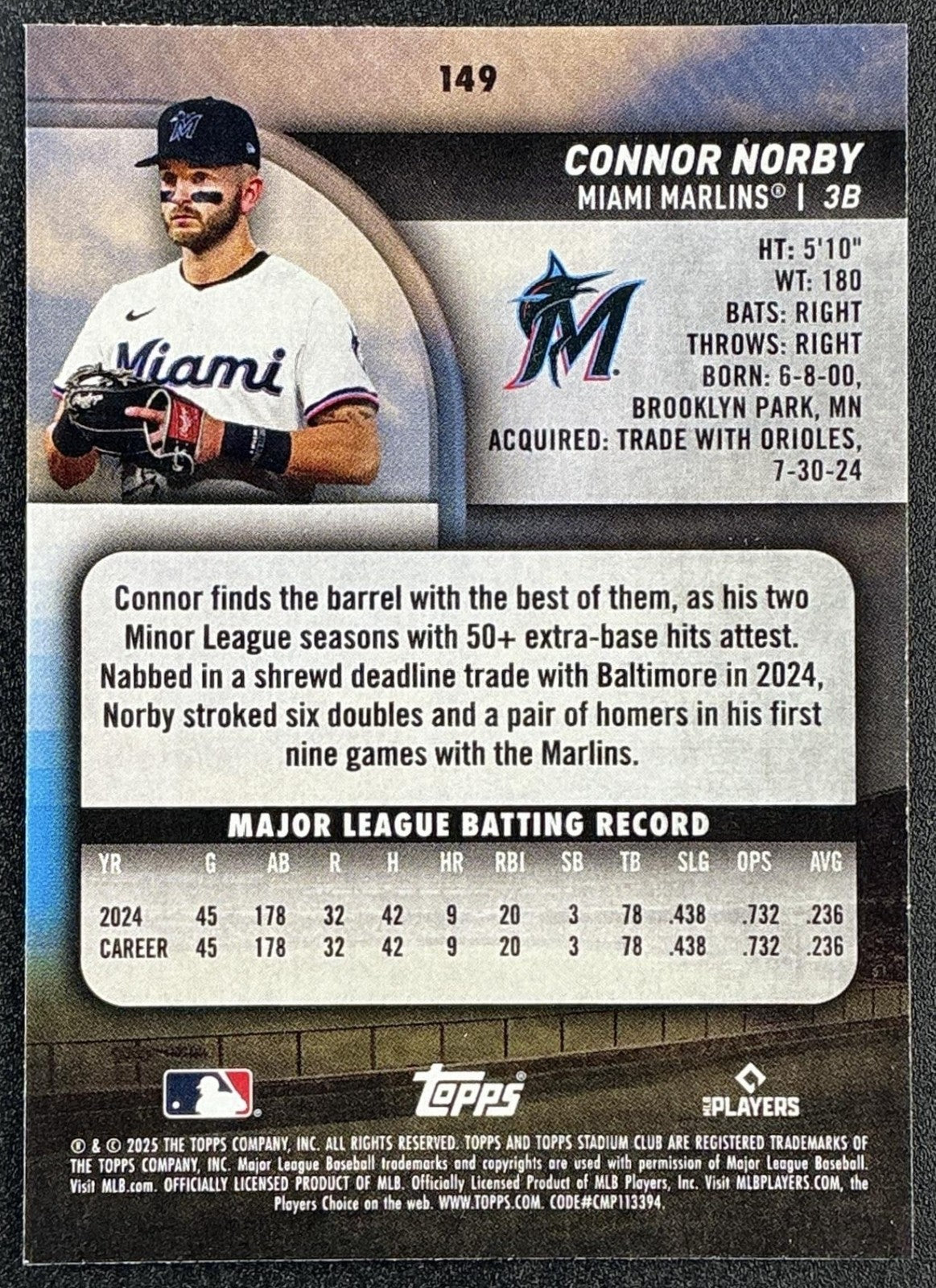 CONNOR NORBY 2025 TOPPS STADIUM CLUB #149 RC MARLINS