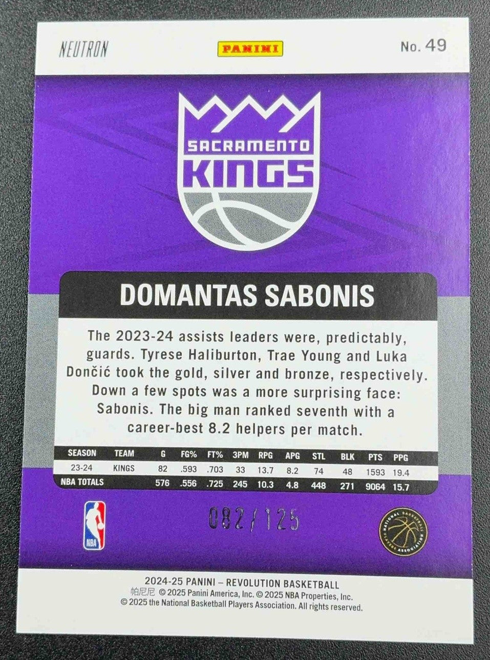 DOMANTAS SABONIS 2024-25 PANINI REVOLUTION #49 NEUTRON 82/125 KINGS