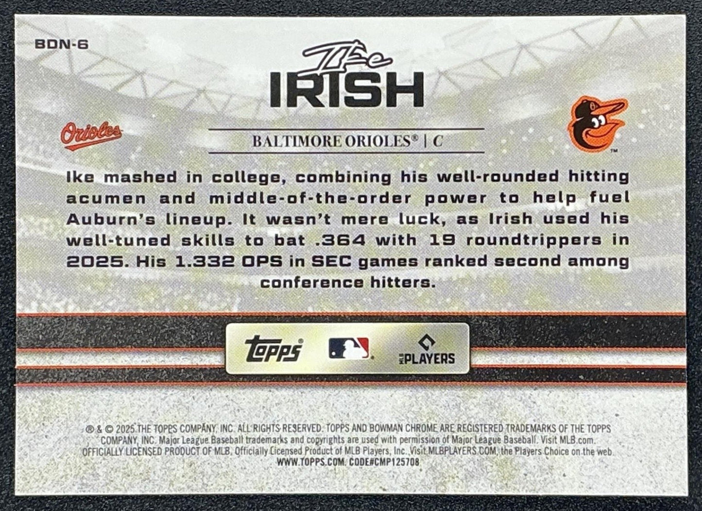 IKE IRISH 2025 BOWMAN DRAFT #BDN-6 NIGHT CHROME ORIOLES