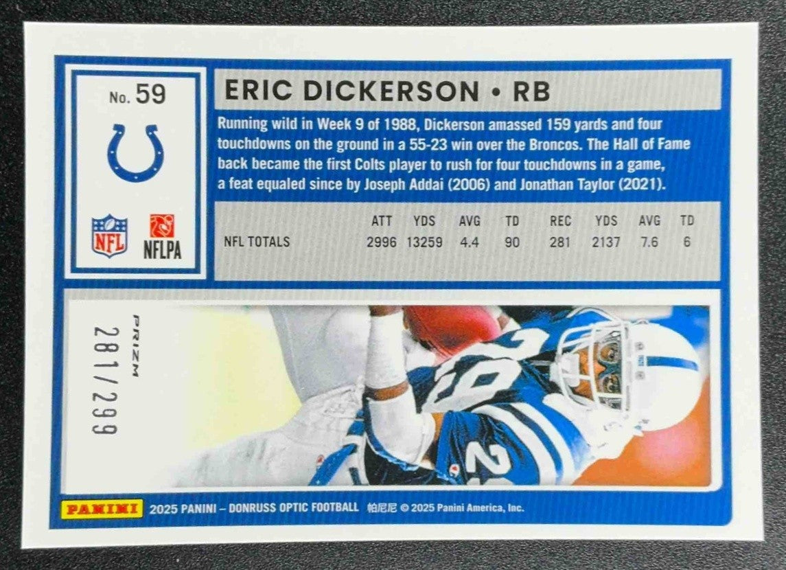 ERIC DICKERSON 2025 PANINI DONRUSS OPTIC #59 ORANGE PRIZM 281/299 COLTS
