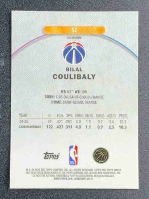 BILAL COULIBALY 2025-26 TOPPS FINEST #58 COMMON OIL SPILL REFRACTOR WIZARDS