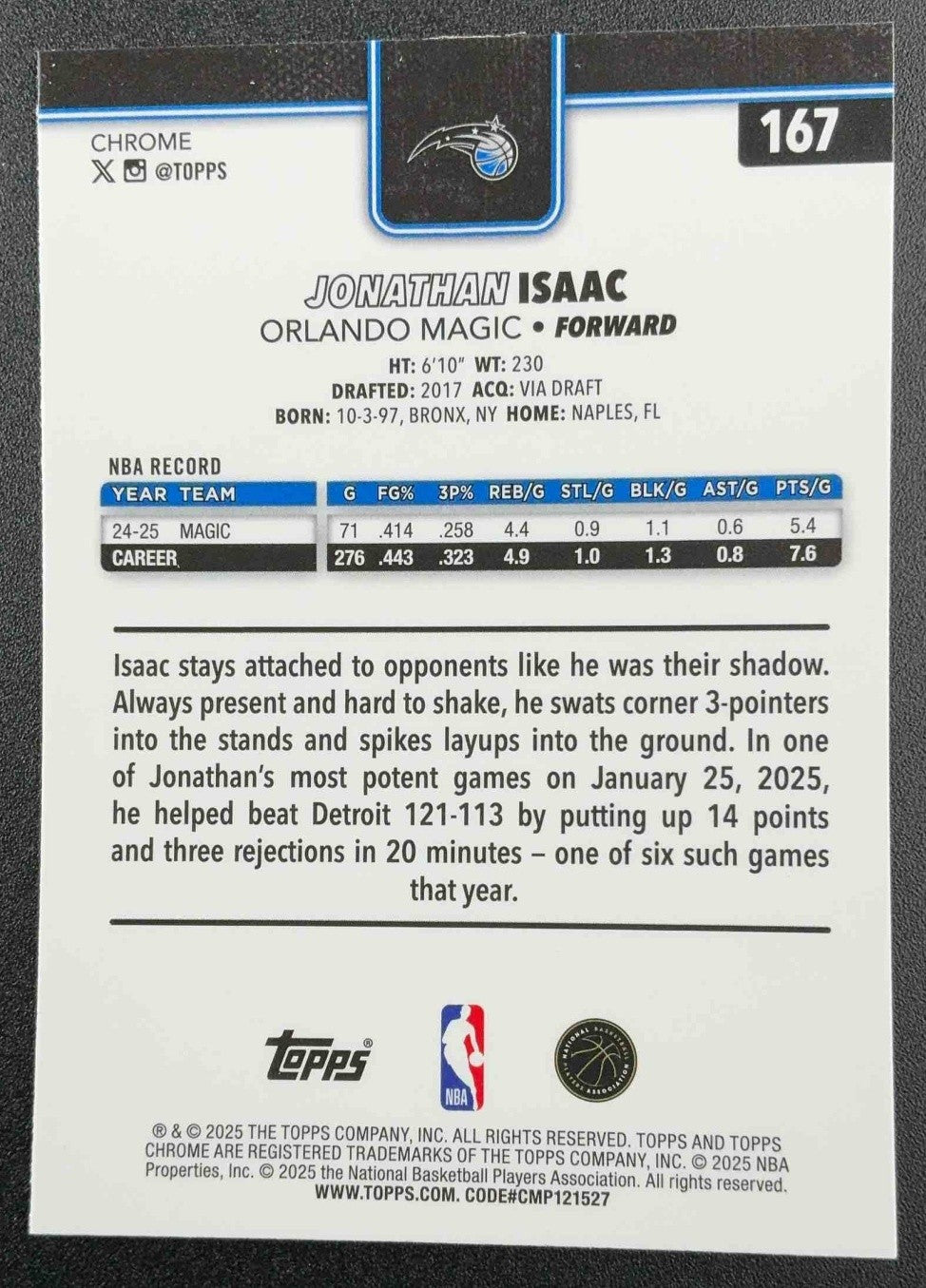 JONATHAN ISAAC 2025-26 TOPPS CHROME #167 BASKETBALL REFRACTOR MAGIC