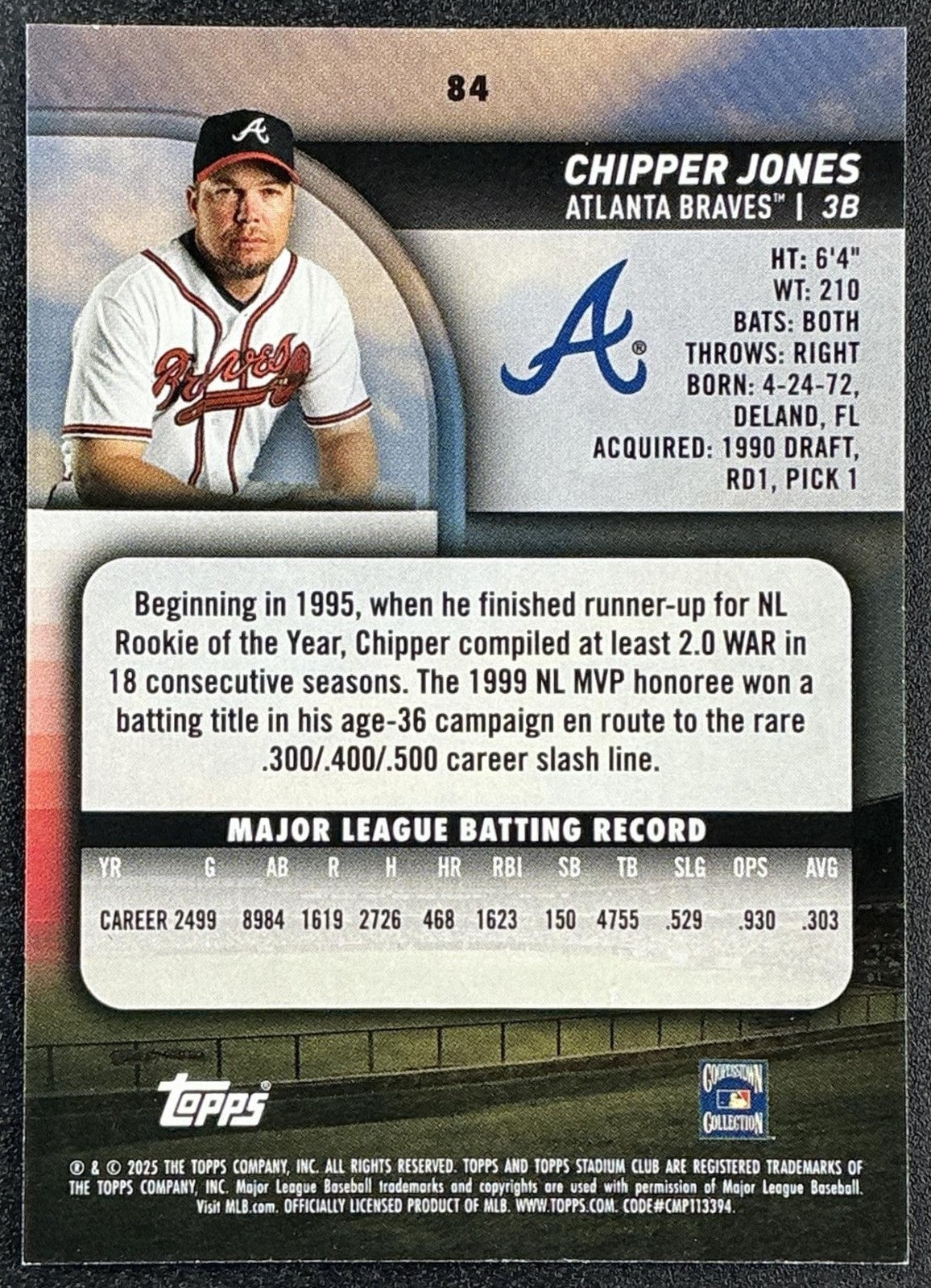 CHIPPER JONES 2025 TOPPS STADIUM CLUB #84 BRONZE FOIL BRAVES