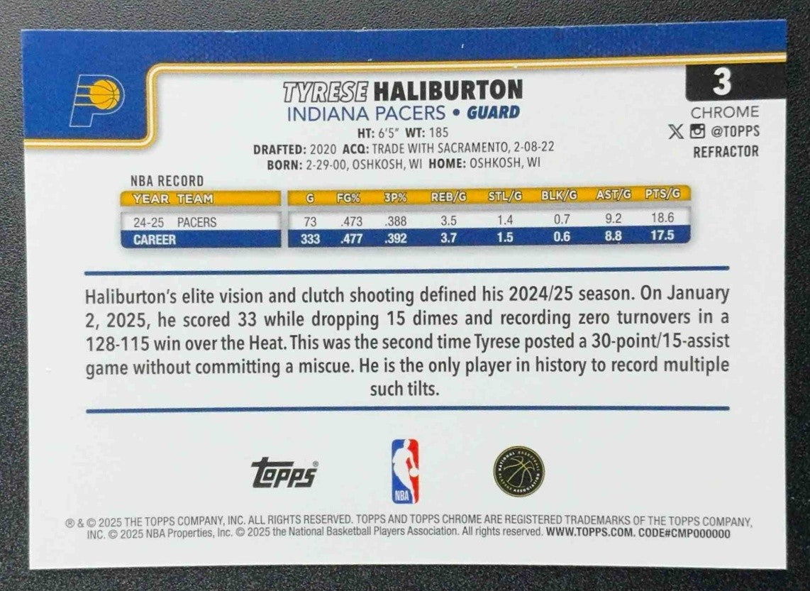 TYRESE HALIBURTON 2025-26 TOPPS CHROME #3 REFRACTOR PACERS