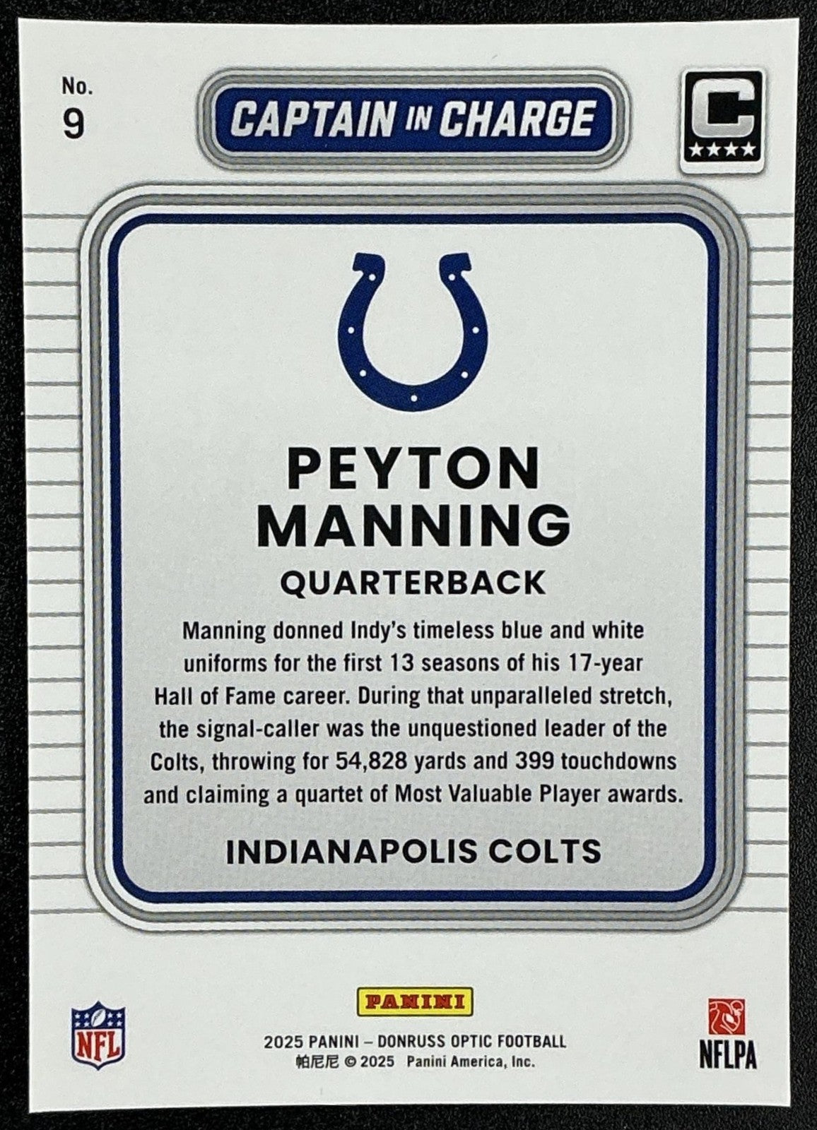 PEYTON MANNING 2025 PANINI DONRUSS OPTIC #9 CAPTAIN IN CHARGE COLTS