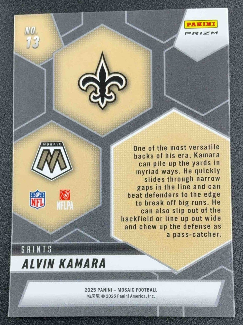 ALVIN KAMARA 2025 PANINI MOSAIC #13 MONTAGE NO HUDDLE SILVER PRIZM SAINTS