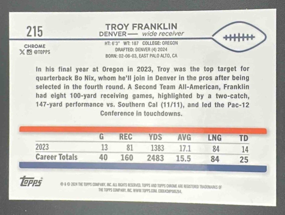 TROY FRANKLIN 2024 TOPPS CHROME #215 X-FRACTOR RC BRONCOS