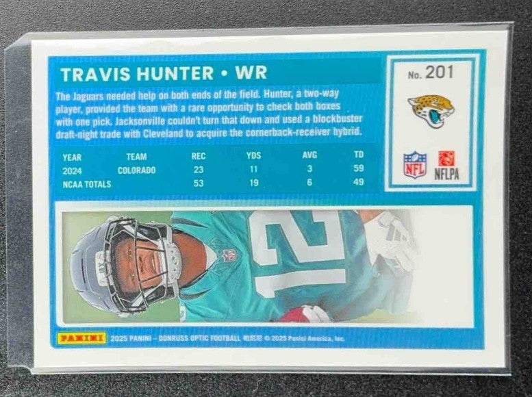 TRAVIS HUNTER 2025 PANINI DONRUSS OPTIC #201 RATED ROOKIE JAGUARS