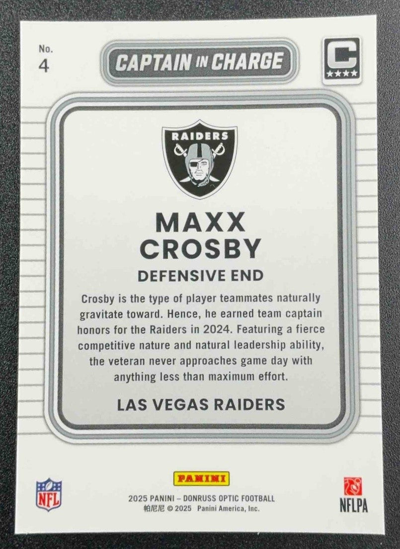 MAXX CROSBY 2025 PANINI DONRUSS OPTIC #4 CAPTAIN IN CHARGE RAIDERS