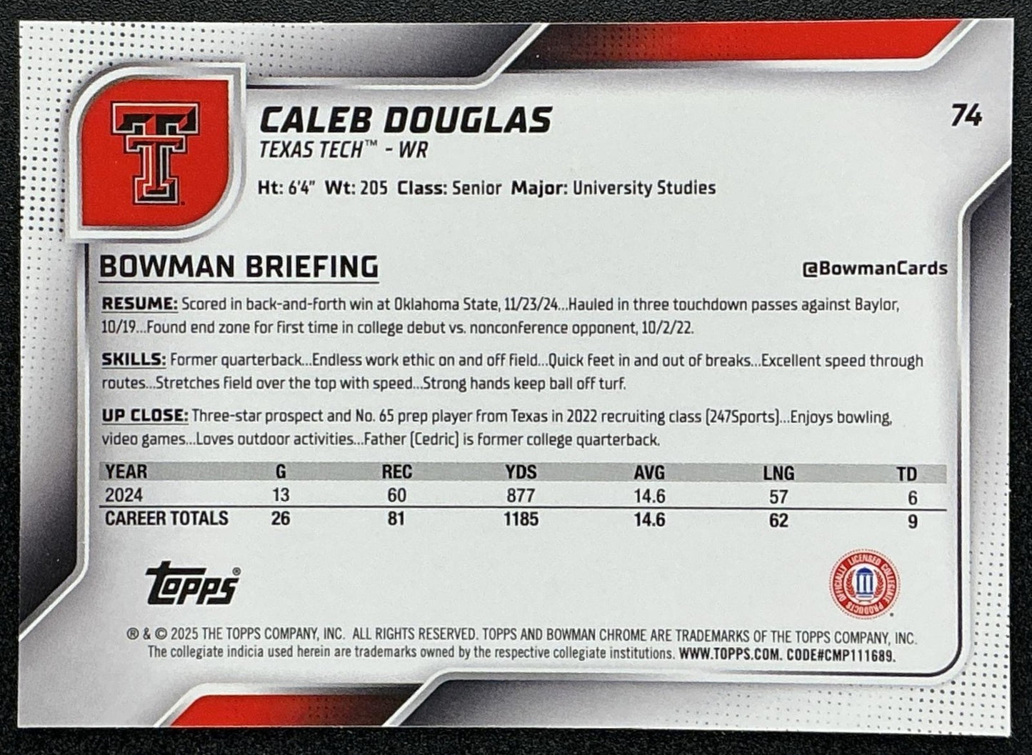 2025 Bowman Chrome University Sapphire Caleb Douglas #74 1st Prospect
