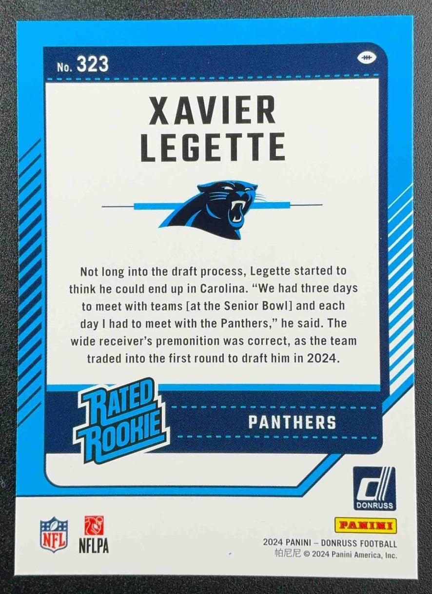XAVIER LEGETTE 2024 PANINI DONRUSS #323 PRESS PROOF BLUE RATED ROOKIE PANTHERS