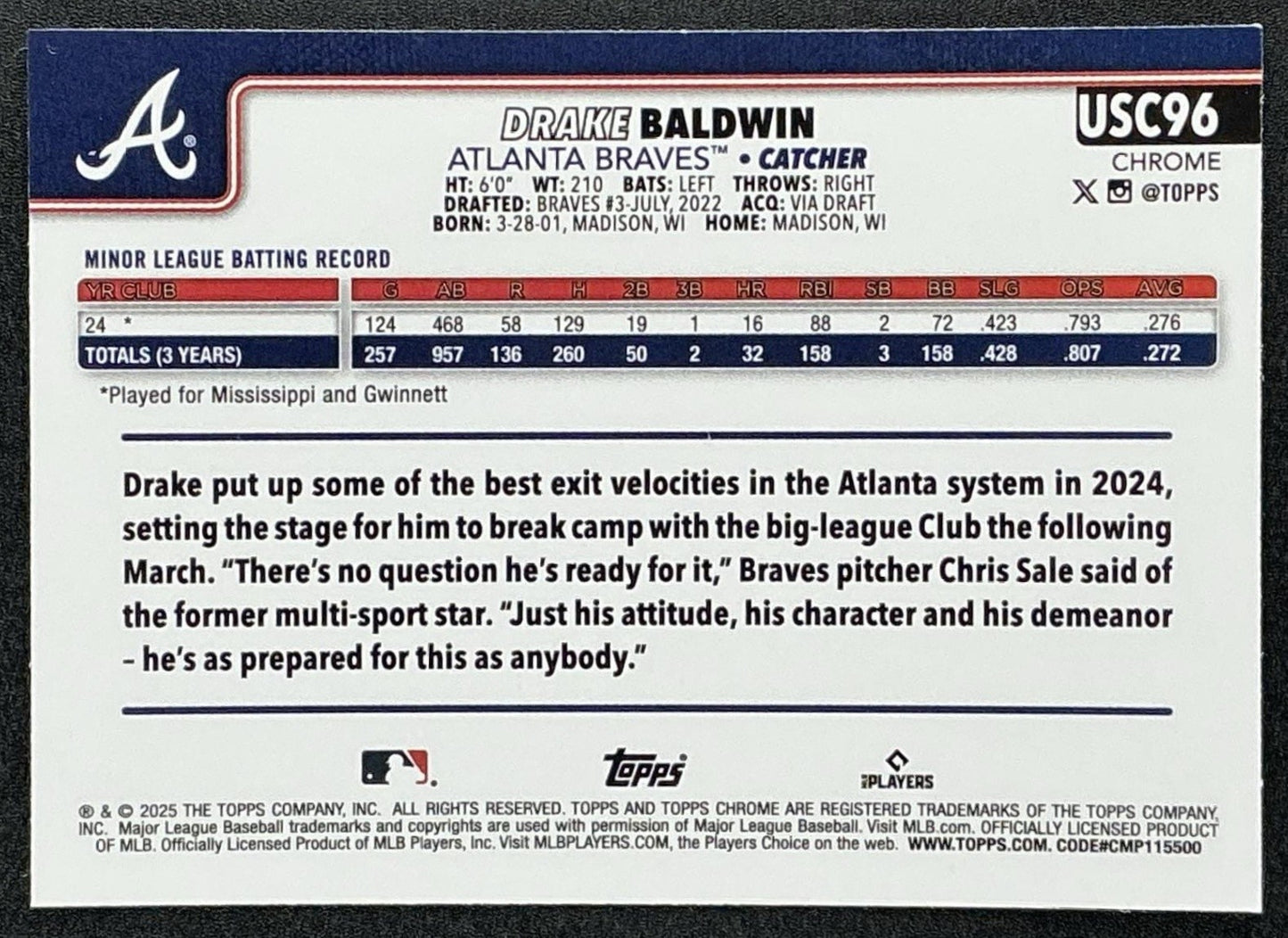 DRAKE BALDWIN 2025 TOPPS CHROME UPDATE #USC96 RC BRAVES