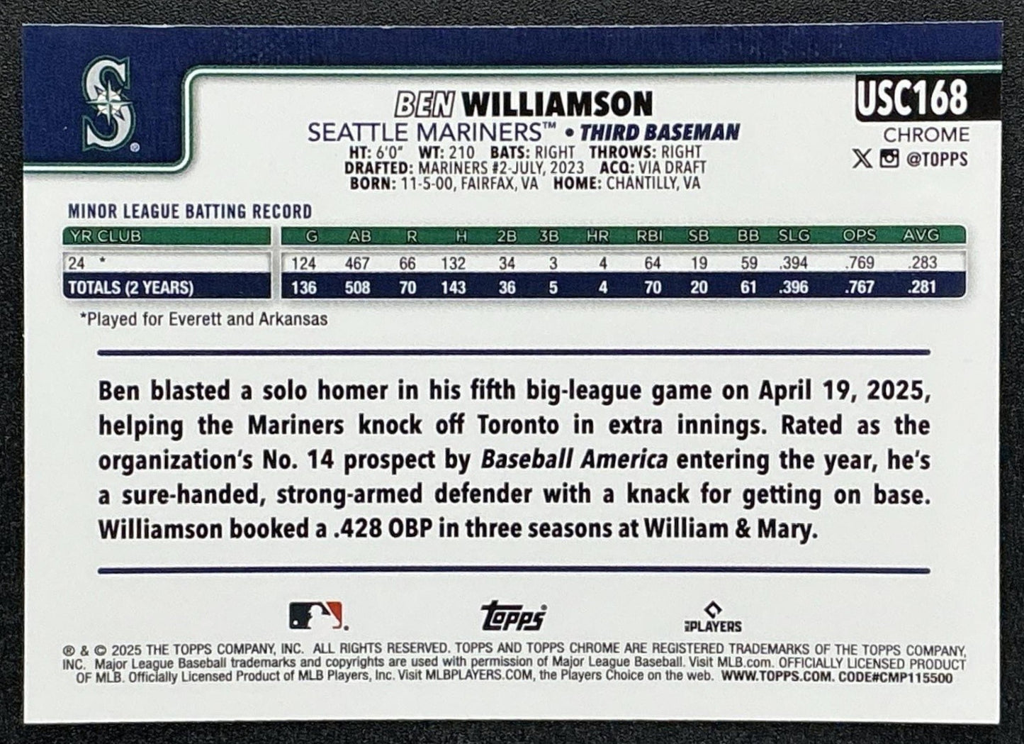 BEN WILLIAMSON 2025 TOPPS CHROME UPDATE #USC168 SEPIA REFRACTOR RC MARINERS