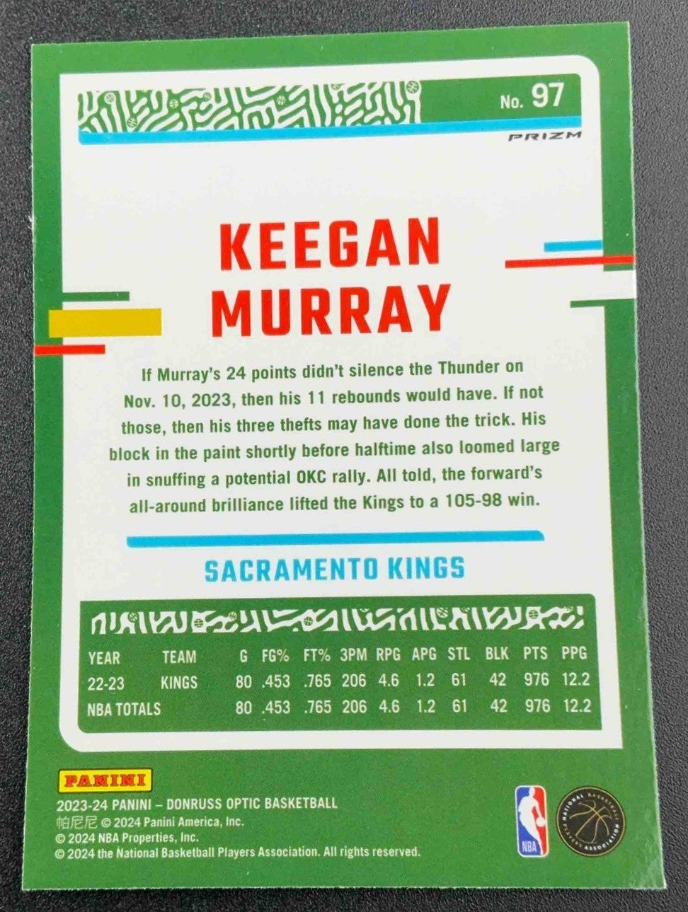 KEEGAN MURRAY 2023-24 PANINI DONRUSS OPTIC #97 CHOICE DRAGON PRIZM KINGS