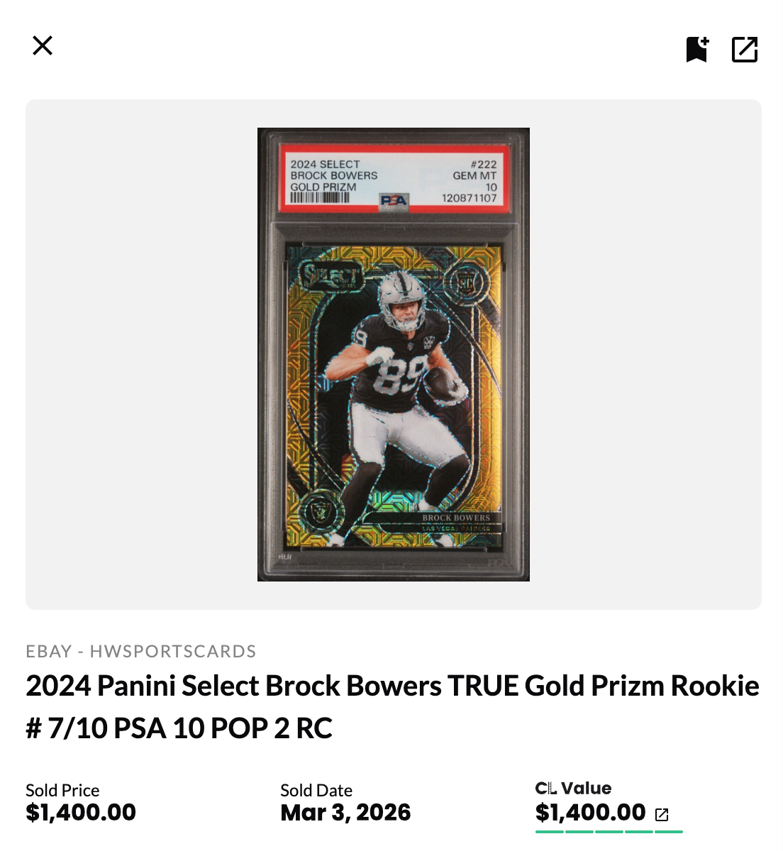 2024 PANINI SELECT BROCK BOWERS GOLD SHOCK SSP RC PSA 10 POP 1 ROOKIE
