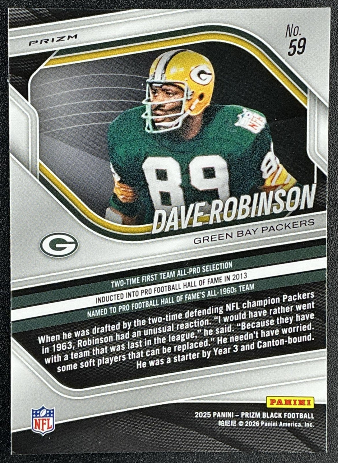 DAVE ROBINSON 2025 PANINI PRIZM BLACK #59 SILVER PACKERS