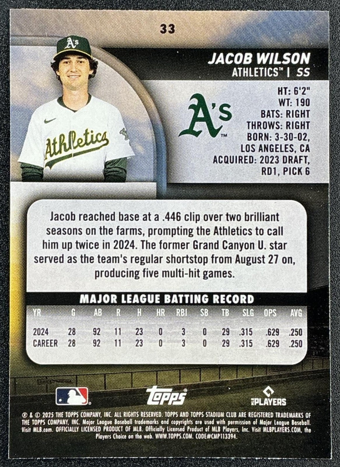 JACOB WILSON 2025 TOPPS STADIUM CLUB #33 RC ATHLETICS