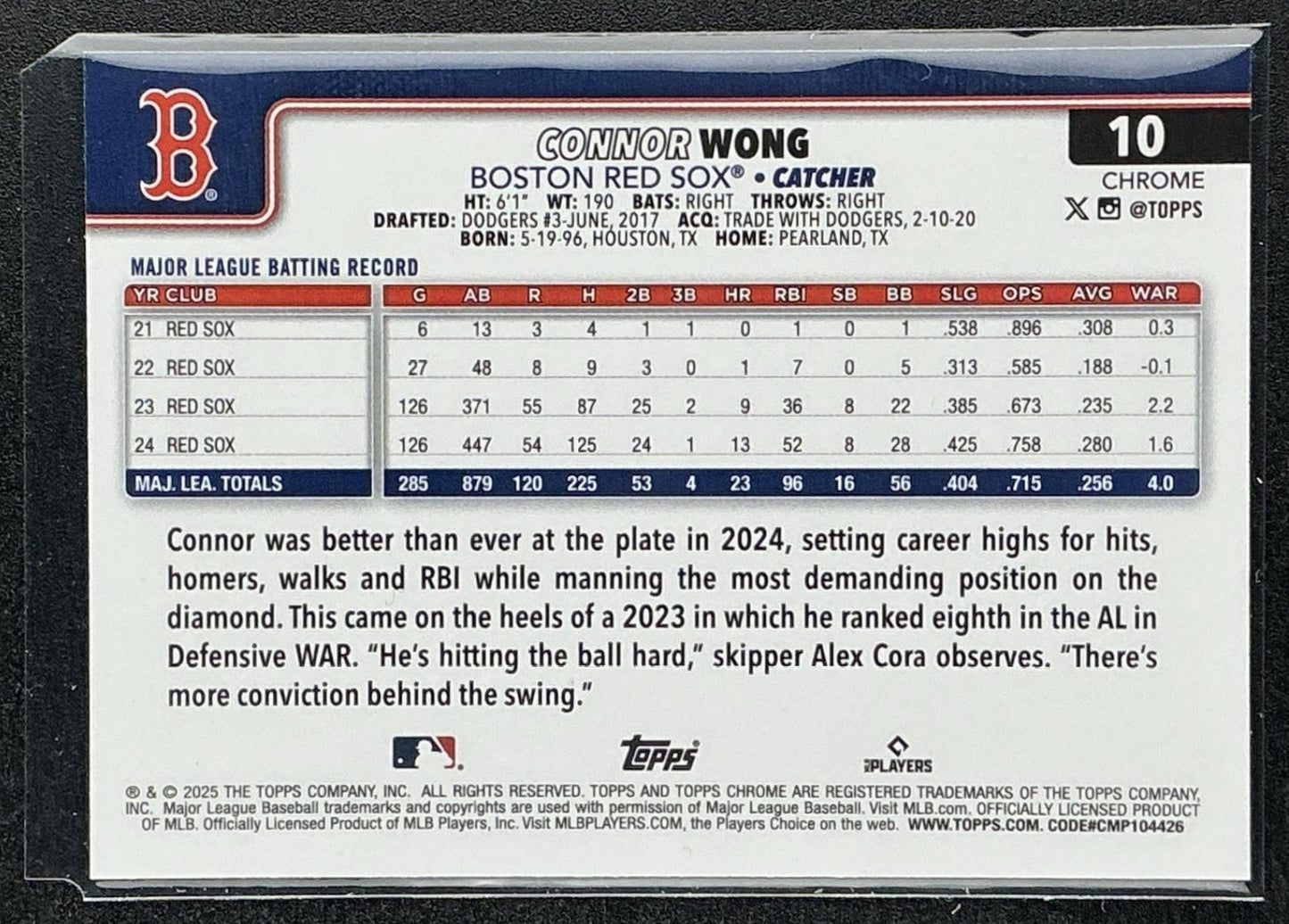 CONNOR WONG 2025 TOPPS CHROME #10 RAYWAVE REFRACTOR RED SOX