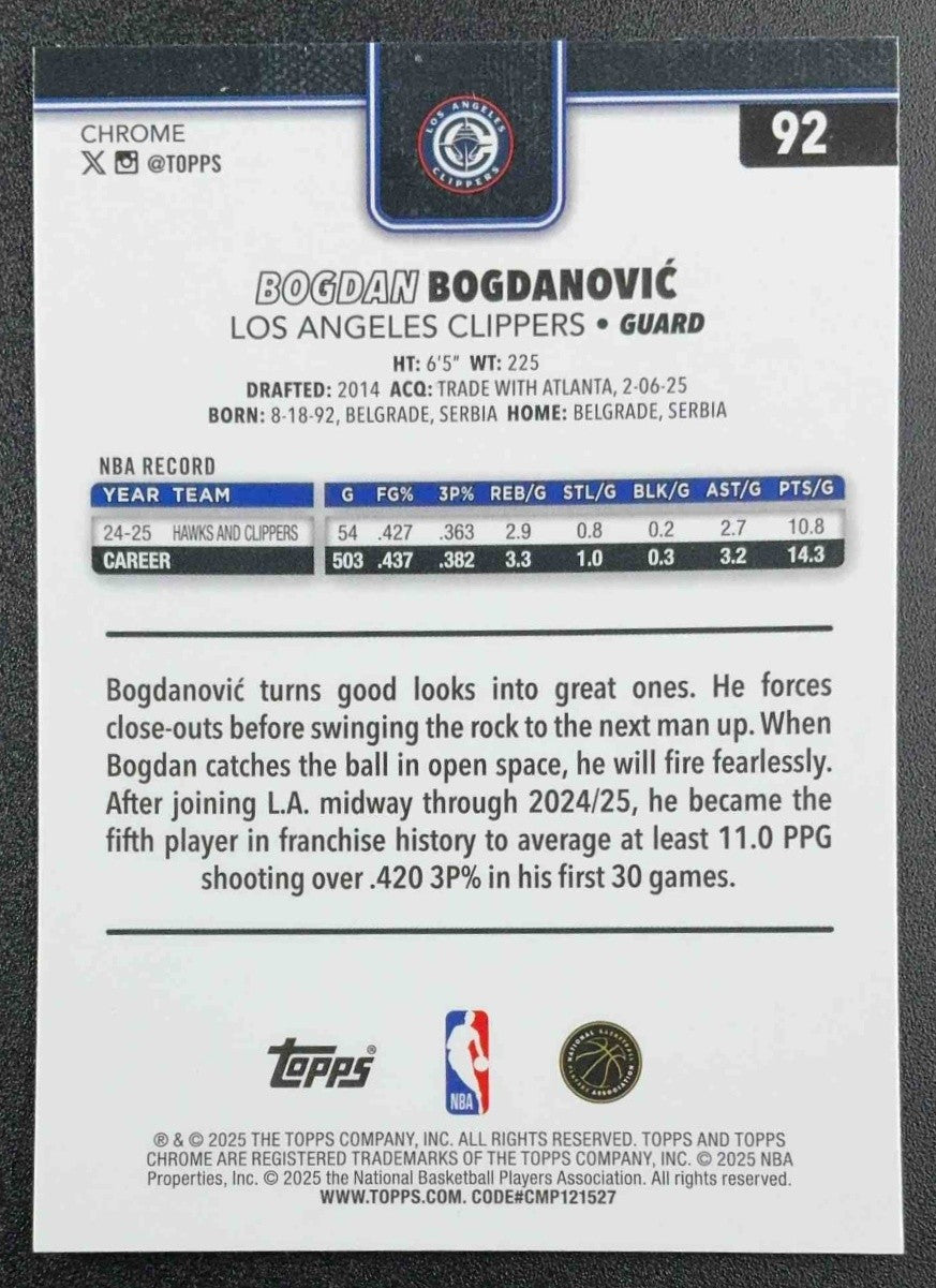 BOGDAN BOGDANOVIC 2025-26 TOPPS CHROME #92 BASKETBALL REFRACTOR CLIPPERS