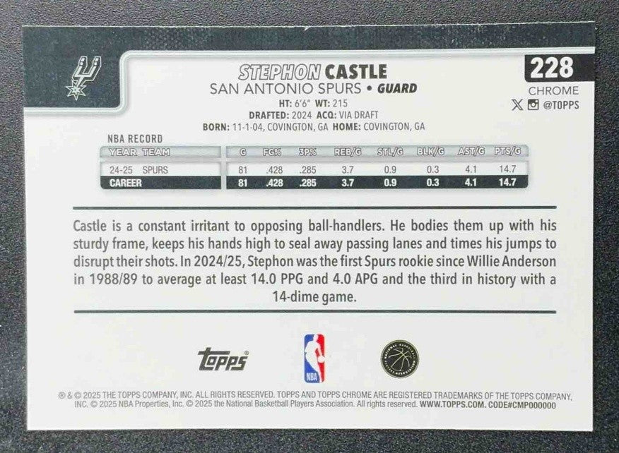 STEPHON CASTLE 2025-26 TOPPS CHROME #228 X-FRACTOR SPURS