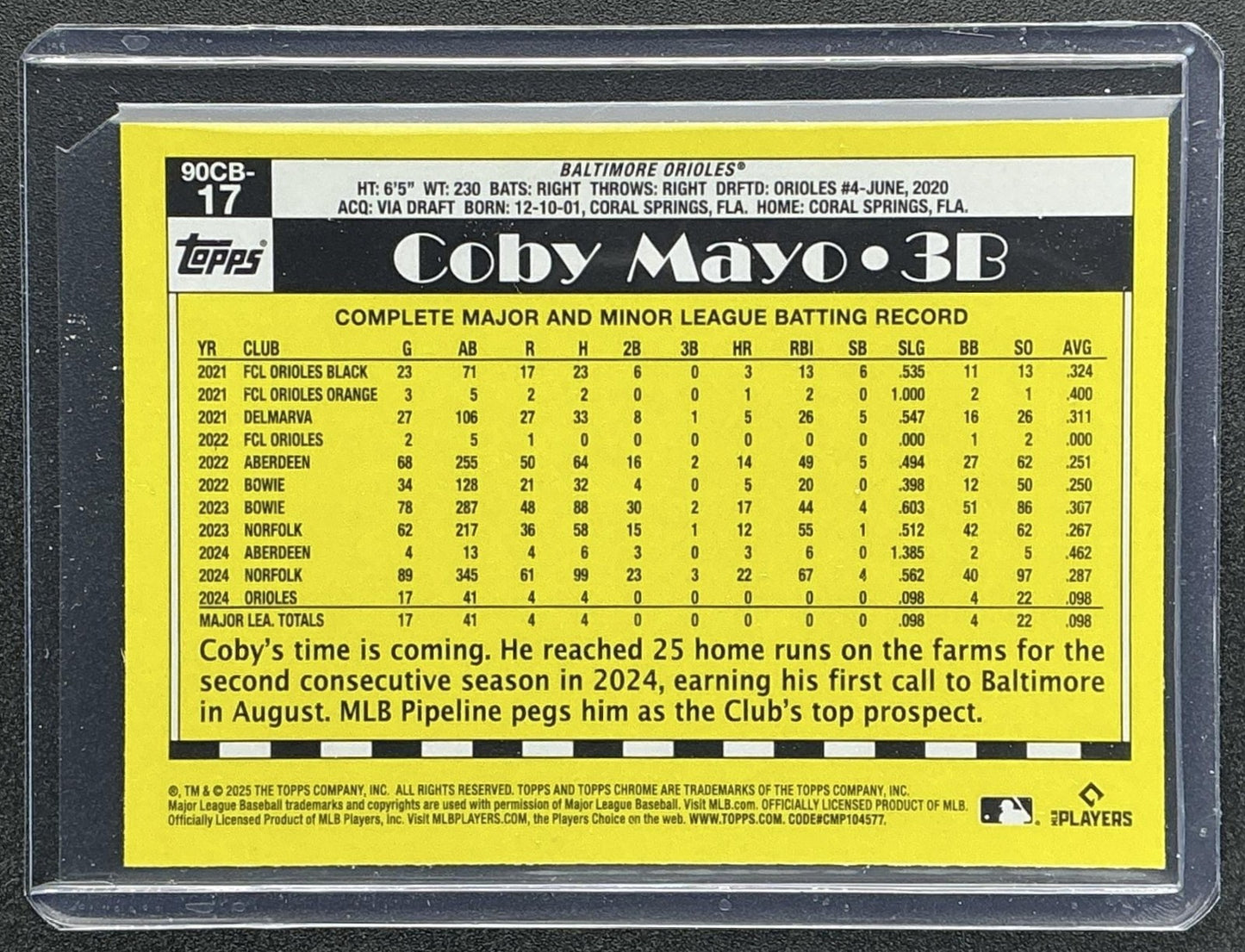 COBY MAYO 2025 TOPPS CHROME #90CB-17 1990 BASEBALL ORIOLES
