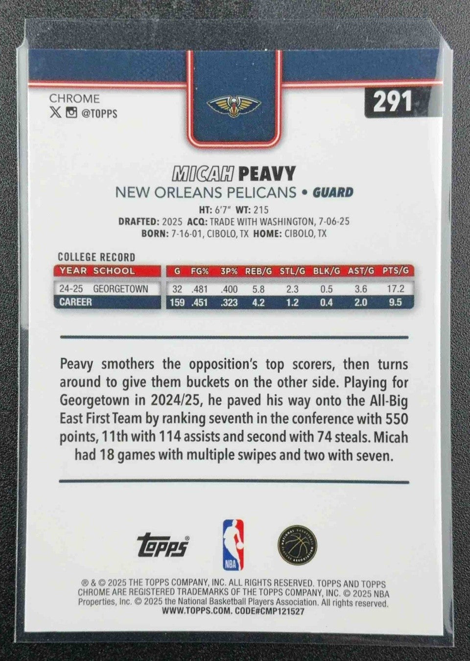 MICAH PEAVY 2025-26 TOPPS CHROME #291 X-FRACTOR RC PELICANS