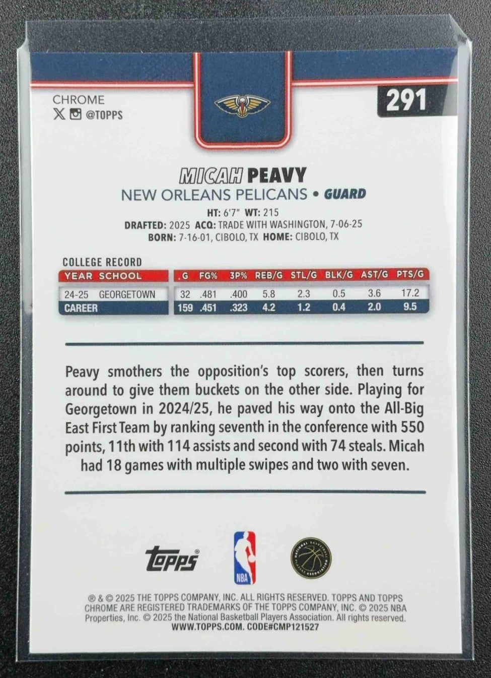 MICAH PEAVY 2025-26 TOPPS CHROME #291 X-FRACTOR RC PELICANS