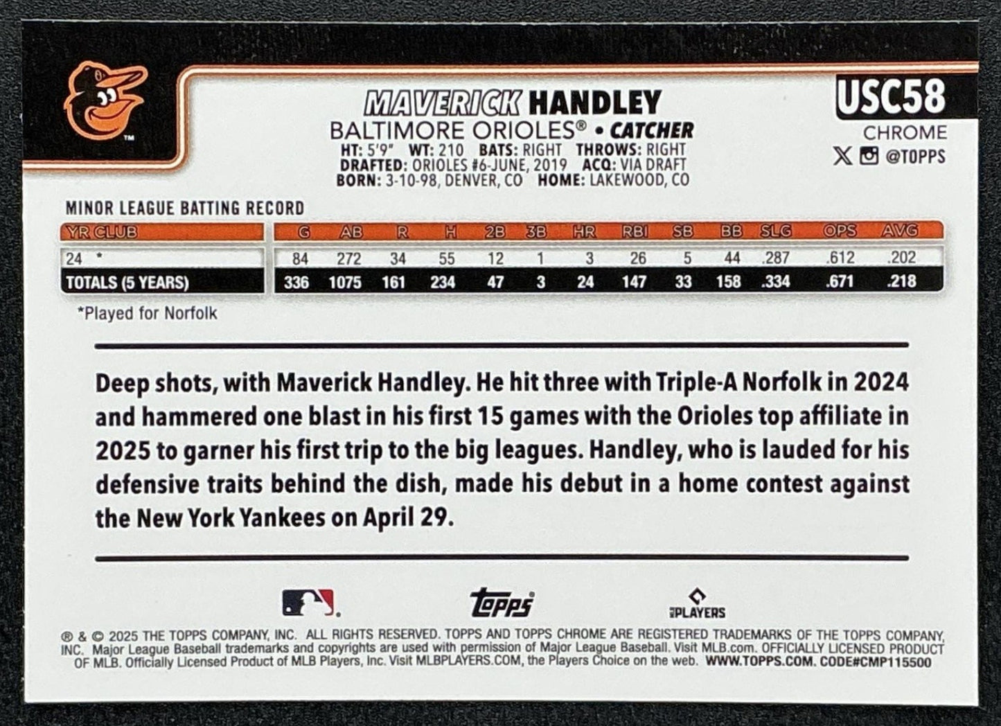 MAVERICK HANDLEY 2025 TOPPS CHROME UPDATE #USC58 SEPIA REFRACTOR RC ORIOLES