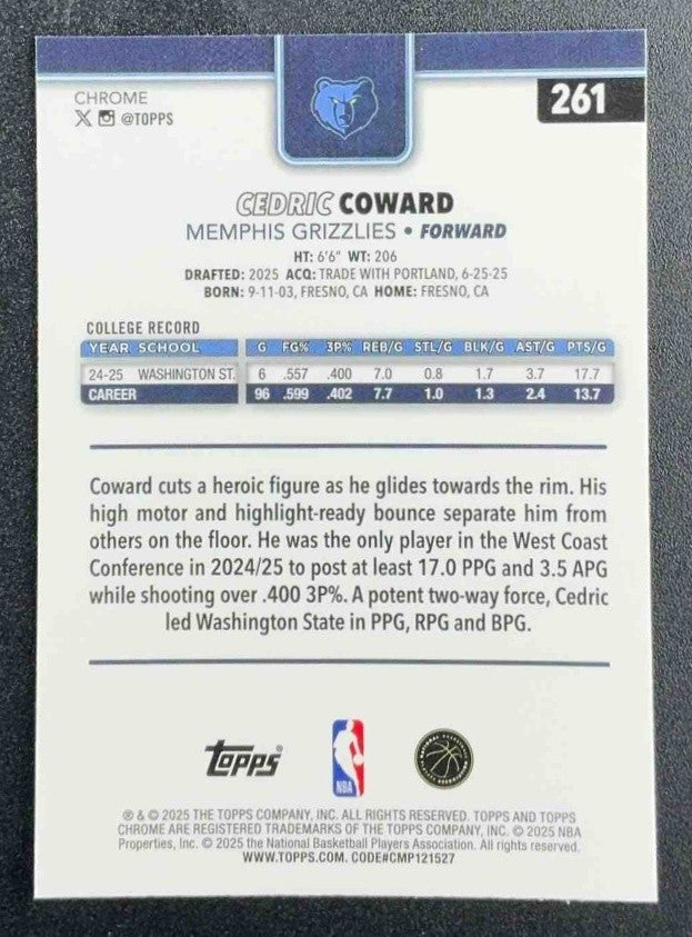 CEDRIC COWARD 2025-26 TOPPS CHROME #261 RC GRIZZLIES
