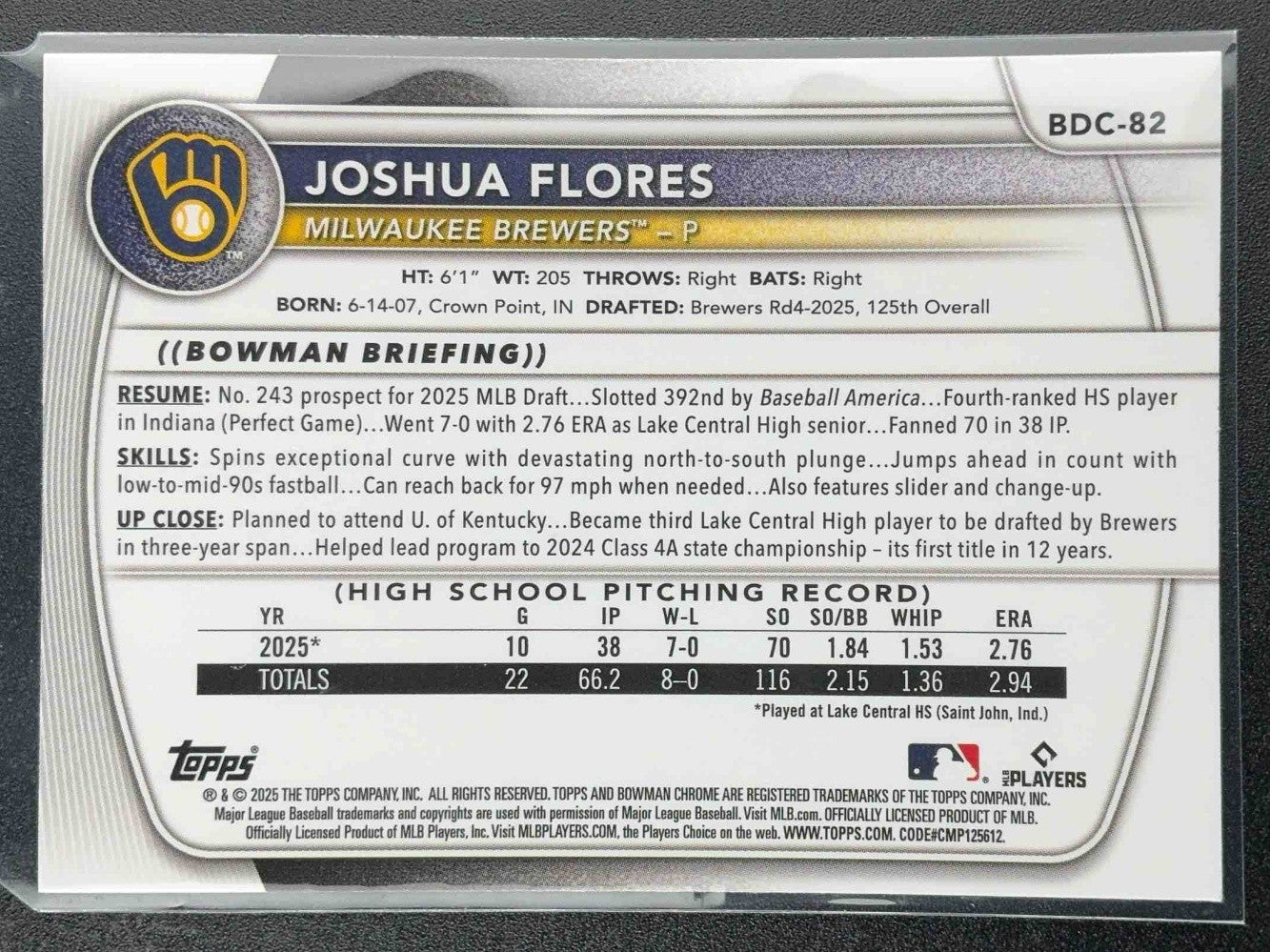 2025 BOWMAN DRAFT JOSHUA FLORES #BDC-82 CHROME LASER REFRACTOR 1ST PROSPECT