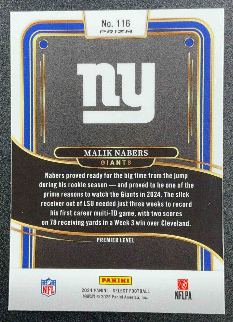 MALIK NABERS 2024 PANINI SELECT #116 PREMIER SILVER PRIZM RC GIANTS