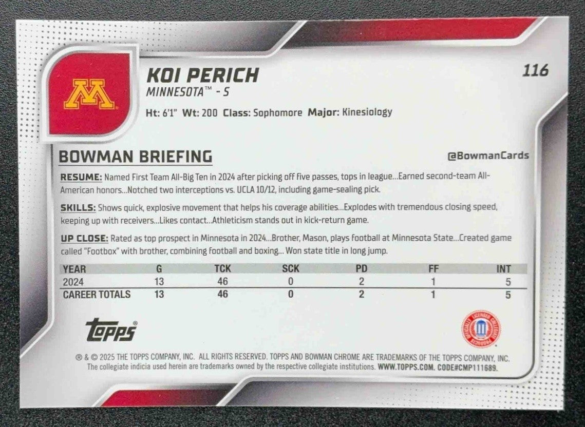 2025 Bowman Chrome University Sapphire Koi Perich #116 1st Prospect