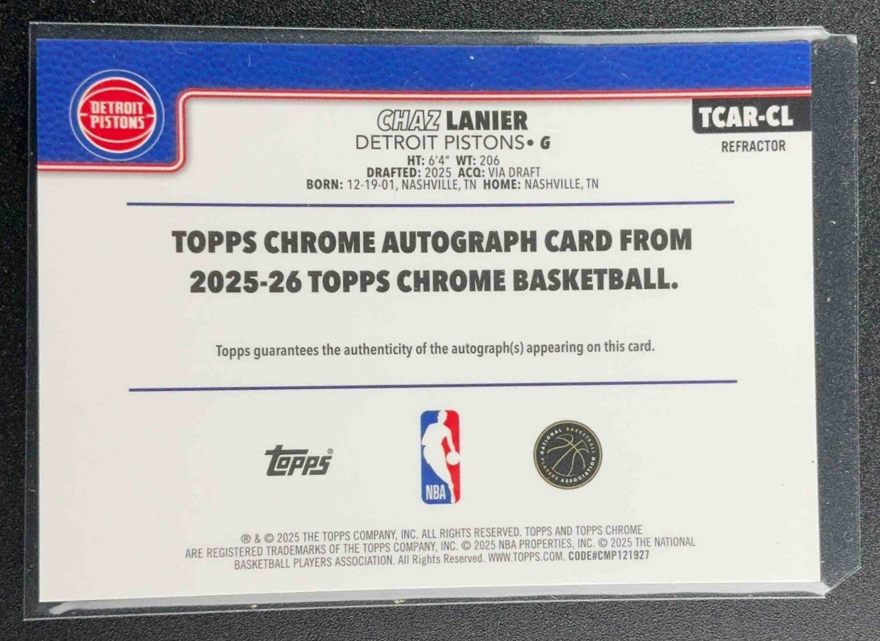 CHAZ LANIER 2025-26 TOPPS CHROME #TCAR-CL ROOKIE AUTO RC PISTONS