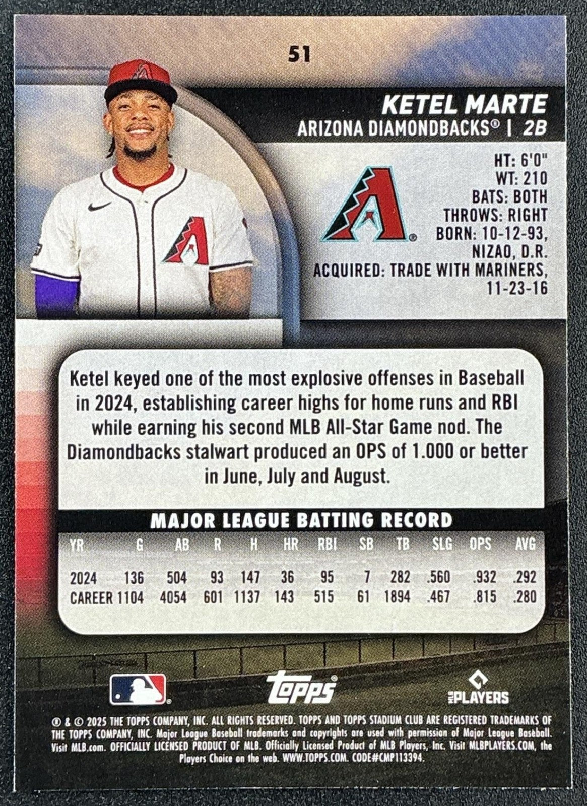 KETEL MARTE 2025 TOPPS STADIUM CLUB #51 RED FOIL DIAMONDBACKS