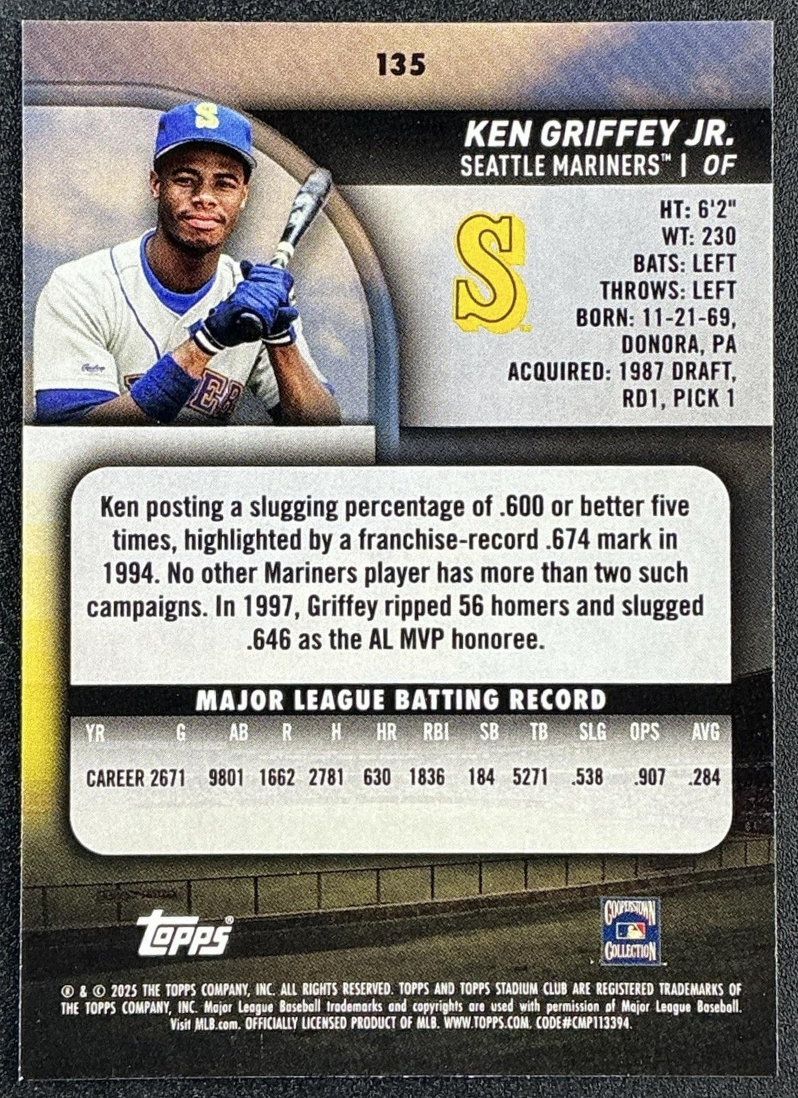KEN GRIFFEY JR. 2025 TOPPS STADIUM CLUB #135 MARINERS