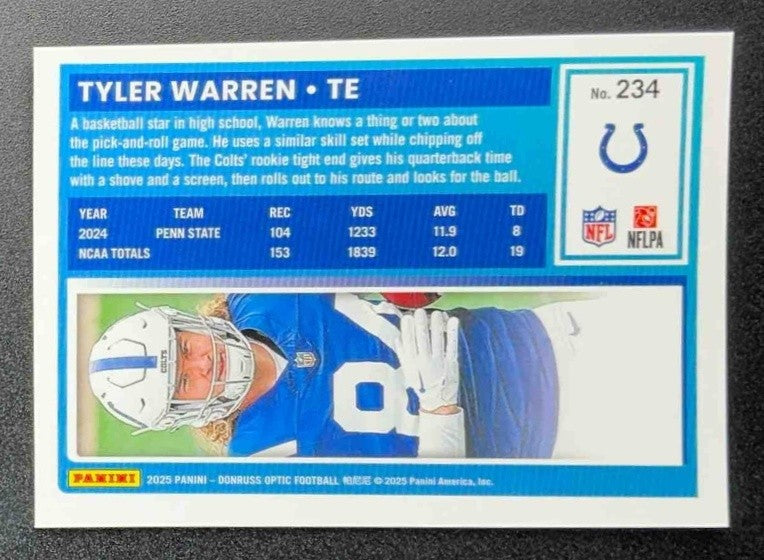 TYLER WARREN 2025 PANINI DONRUSS OPTIC #234 RATED ROOKIE COLTS