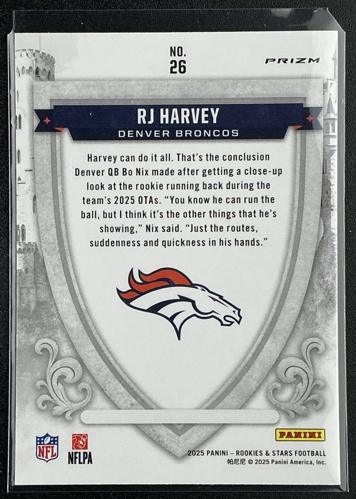 RJ HARVEY 2025 PANINI ROOKIES & STARS #26 CRUSADE SILVER RC BRONCOS