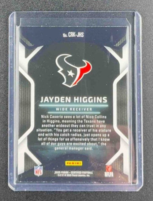 JAYDEN HIGGINS 2025 PANINI CERTIFIED #CRK-JHS ROOKIES RC TEXANS