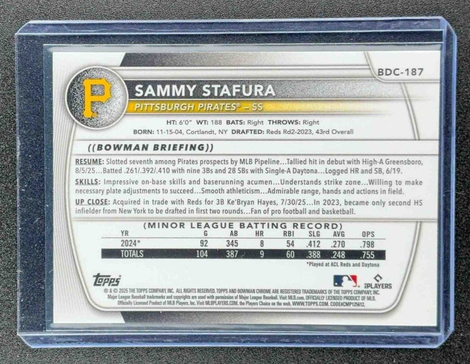 SAMMY STAFURA 2025 BOWMAN DRAFT #BDC-187 CHROME GREEN REFRACTOR 91/99 PIRATES